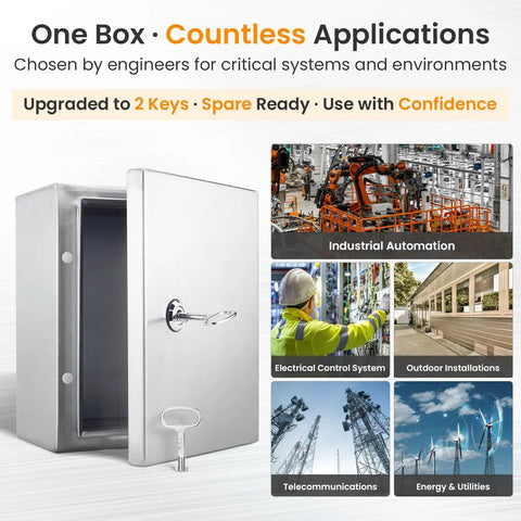 Heavy Duty 304 Stainless Steel Electrical Junction Box IP65 Waterproof Lockable Metal Enclosure For Indoor And Outdoor 14 By 10 By 6 Inch with key.