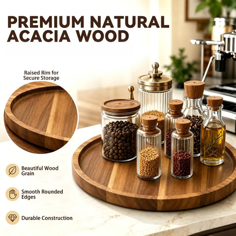 Ten Inch Solid Acacia Wood Lazy Susan With Smooth 360 Swivel Base For Kitchen Counter Organizer Spice Rack Turntable with jars.