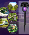 Image showing 4 Pack Solar Bug Zappers Outdoor Mosquito Killer Lights Waterproof No Outlet Needed, with garden and outdoor use examples.