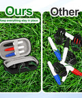 Golf Ball Line Marker Kit With 3 Stencils And 3 Color Markers In Red Blue And Black Alignment Tool For Golf Balls Compact Case For Easy Carry Portable Markers Set For Practice On The Go Or Course, side-by-side comparison showing organized case and scattered markers.