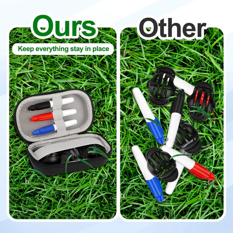 Golf Ball Line Marker Kit With 3 Stencils And 3 Color Markers In Red Blue And Black Alignment Tool For Golf Balls Compact Case For Easy Carry Portable Markers Set For Practice On The Go Or Course, side-by-side comparison showing organized case and scattered markers.