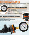 Front view of manual air-relief valve assembly with pool filter pressure gauge; black plastic bodies with brass fittings.