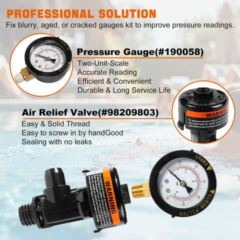 Front view of manual air-relief valve assembly with pool filter pressure gauge; black plastic bodies with brass fittings.