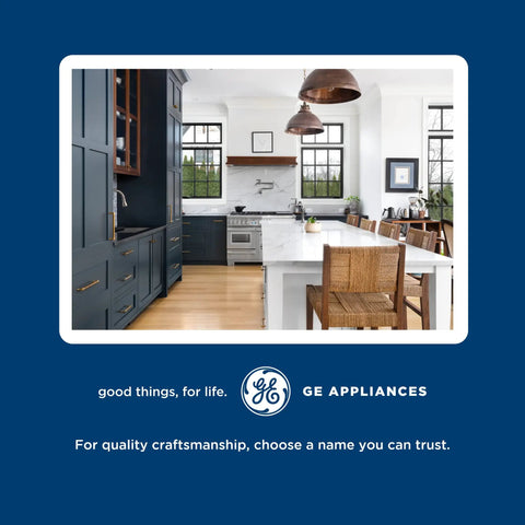 Modern kitchen with GE appliances, dark cabinets, and bright countertops showcasing design for OEM Dryer Timer WE4M533 replacement part.