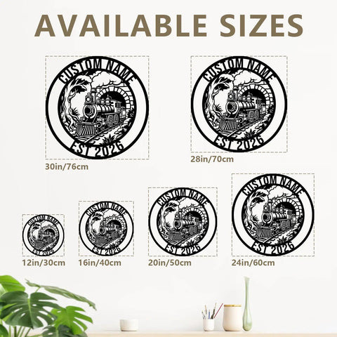 Available sizes of Custom Train Name Metal Wall Art With EST Year Vintage Steam Locomotive Sign For Train Lovers Farmhouse Style Wall Decor Durable Steel Laser Cut Plaque For Home Or Office.