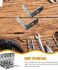 Beefy Iron L Brackets Set of 5 for 90 Degree Right Angle Corner Braces with tools on wooden surface