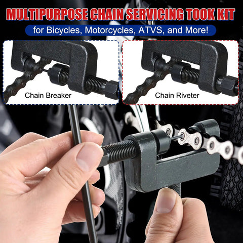 20 Piece Chain Breaker Tool Kit With C Frame And 3 Anvils, 5 Break Tips, Moto Chain Cutter And Riveter, shown in use on chain