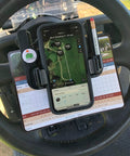 Golf Cart Steering Wheel Phone Mount Pro With Spring Loaded Arms And Scorecard Holder attached to steering wheel