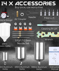 14 x accessories for Dang Good HVLP Spray Gun Set including nozzles, kettles, and cleaning tools.