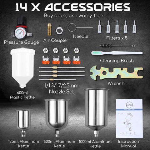 14 x accessories for Dang Good HVLP Spray Gun Set including nozzles, kettles, and cleaning tools.