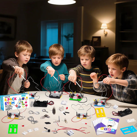 8 Set Electric Circuit STEM Kits For Kids Aged 8 To 12 Easy Setup No Tools Needed Each Kit Comes With Its Own Manual Supports Up To 8 Players Batteries Not Included Super Fun Hands On Electronics Projects. Four boys building circuit kits