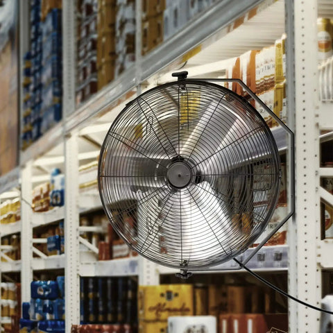 24 Inch Industrial Wall Mount Fan With 3 Speed Beastly High Velocity Air Delivery Up To 7600 CFM for warehouse shelving.