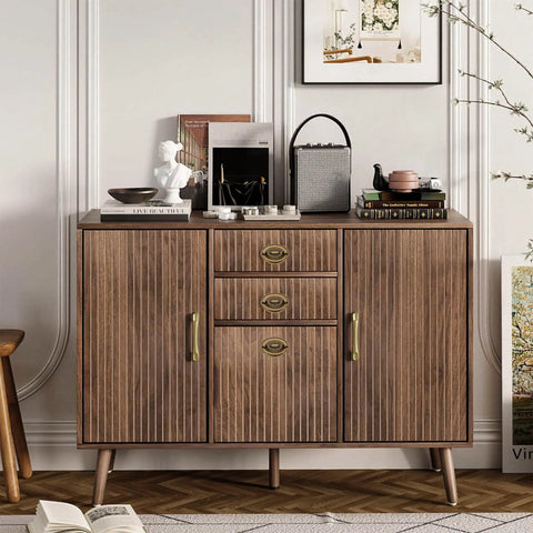 Wooden sideboard with 4 Pack Antique Brass Ring Pulls For Cabinets And Furniture, matching drawers and cupboard.
