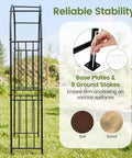 Heavy Duty 86 Inch Steel Garden Arch Pergola Arbor With Ground Stakes For Climbing Plants Ideal For Weddings Parties And Backyard Decor Weatherproof Powder Coated Frame For All Seasons shown with base plates and stakes detail