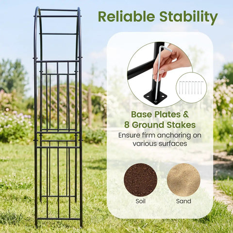 Heavy Duty 86 Inch Steel Garden Arch Pergola Arbor With Ground Stakes For Climbing Plants Ideal For Weddings Parties And Backyard Decor Weatherproof Powder Coated Frame For All Seasons shown with base plates and stakes detail