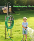 Heavy Duty Tough As Nails Garden Hose Reel With Two Shepherd Hooks Holds 150 Feet Of Five Eighths Inch Hose in yard with child watering