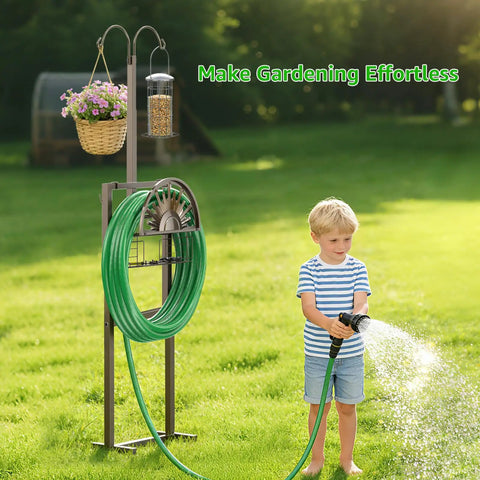 Heavy Duty Tough As Nails Garden Hose Reel With Two Shepherd Hooks Holds 150 Feet Of Five Eighths Inch Hose in yard with child watering