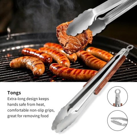 Heavy Duty Rosewood BBQ Tools Set For Grilling, Outdoor Grill Kit With Spatula, Fork, Brush And Tongs shown with food on grill