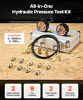 Digital Hydraulic Pressure Test Kit With Dual Gauge 0 To 10000 PSI Manometer Tester Includes Nine Test Couplings Two Quick Release Couplers And Two Hoses For Excavators And Construction Machinery Pro Grade displayed with accessories on wooden table.
