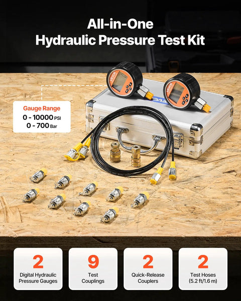 Digital Hydraulic Pressure Test Kit With Dual Gauge 0 To 10000 PSI Manometer Tester Includes Nine Test Couplings Two Quick Release Couplers And Two Hoses For Excavators And Construction Machinery Pro Grade displayed with accessories on wooden table.
