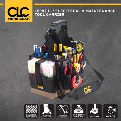 Large Electrical And Maintenance Tool Carrier With 22 Pockets, 8.75 Inch By 6.5 Inch Multi Compartment Tray, Heavy Duty Black Tool Bag For Electricians, Maintenance Pros, And DIY Enthusiasts On The Go, loaded with tools