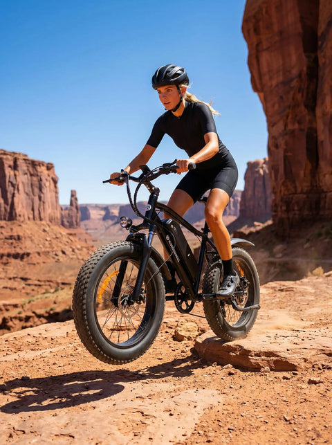 Powerful 1000W Fat Tire Electric Bike For Adults And Teens, 20 MPH Top Speed, 20x4 Fat Tires, Removable 10.4Ah Battery, USB Charging Port, 7-Speed Mountain And Commuter Ebike, Four Bikes In One For City, Trail, Snow And More on desert trail