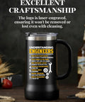 24oz Stainless Steel Beer Stein Tumbler With Lid For Engineers And Gearheads on table, laser-engraved text displayed.