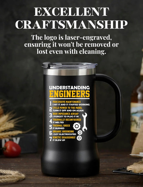 24oz Stainless Steel Beer Stein Tumbler With Lid For Engineers And Gearheads on table, laser-engraved text displayed.