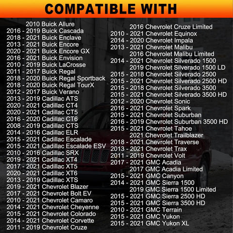 List of compatible GM cars for Washer Fluid Cap For 2008 To 2021 GMC Chevrolet Cadillac Buick; includes Buick, Chevrolet, Cadillac models.