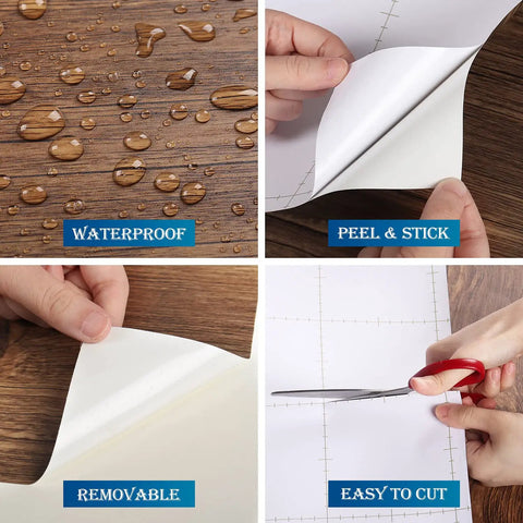 Brown Wood Grain Contact Paper Peel And Stick For Cabinets And Countertops showing waterproof, peel and stick, removable, easy to cut features