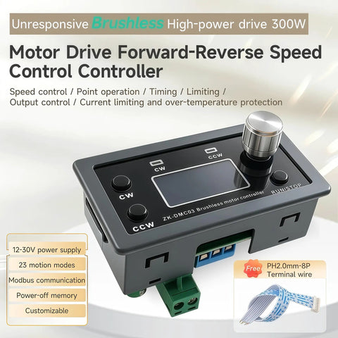 Three Phase Brushless Motor Driver Module With Modbus 300W 10 To 30V Input Precise Speed Control Beefs Up Your Setup Inching And Timing Modes Limit And Output Control Temperature Protection CW CCW Power Off Memory 23 Fixed Operating Modes, black LCD unit