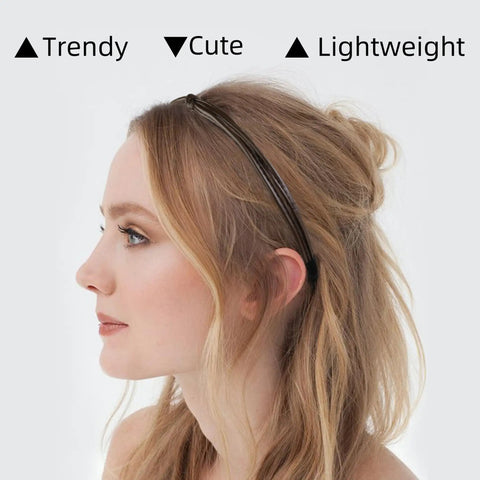 Side view of woman wearing Super Snuggly 5 Piece Thin Leather Headband Set For Women With Cool Knotted Details And Major Comfort.