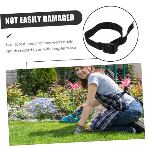 Woman using Eight Pack Lawn Aerator Sandals With Spike Straps For Grass And Soil Garden Shoes kneeling on lawn with strap close-up