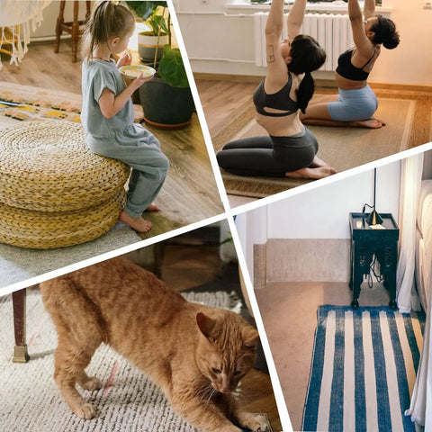 Collage of room scenes featuring Non Slip Rug Grippers For Hardwood Floors Pack Of 8 Durable Reusable Washable Carpet Tape Stoppers