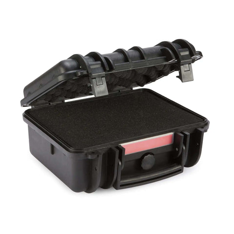 Kickass Hard Camera Case Featuring Smooth Side Handles And Custom Foam Dividers For Dslr Gear Transport, open black waterproof case.
