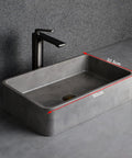 Total Show Stopper Matte Concrete Rectangular Vessel Sink 19.7 X 12.8 Inch Above Counter Basin with faucet and dimensions.