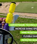 Whip Shaft Tempo Golf Trainer with Flexible Shaft and Pineapples in golf bag, showcasing aerodynamic design for swing training and speed boost.