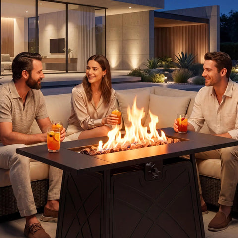 Propane Fire Pit Table For Outdoor Living 42 Inch Large Black Fire Pit Table With Ample Surface For Drinks And Snacks Perfect For Backyard Patio Gatherings And Cozy Outdoor Hangouts For Any Night