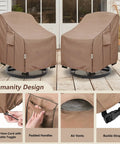 Weatherproof Patio Chair Covers 4 Pack Built Tough Heavy Duty For Outdoor Furniture Fit For Adirondack Swivel Rocker And Deep Seat Lounge Chairs 30W X 34D X 36H Brown with elastic cords, padded handles, air vents, and buckle straps.