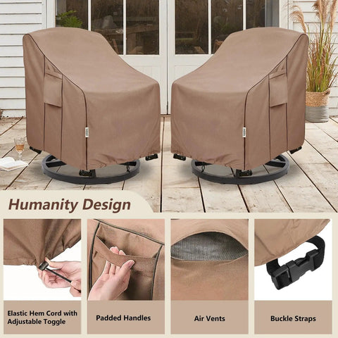 Weatherproof Patio Chair Covers 4 Pack Built Tough Heavy Duty For Outdoor Furniture Fit For Adirondack Swivel Rocker And Deep Seat Lounge Chairs 30W X 34D X 36H Brown with elastic cords, padded handles, air vents, and buckle straps.