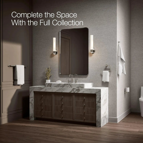 Modern bathroom with Purist Toilet Tissue Holder K-14444-SN in Vibrant Polished Nickel, complements fixtures, vertical mount.