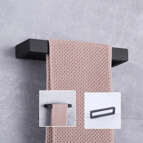 Matte Black SUS304 Stainless Steel Towel Holder Wall Mount Towel Ring And Hanger For Bathroom Lavatory Modern Square Design Rustproof Finish Heavy Duty And Easy Cleaning HG1706-BK with towel displayed