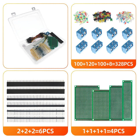Over 800 Pieces DIY Electronics Kit with Double Sided PCBs, LED diodes, resistor pack, jump wires, headers for soldering practice