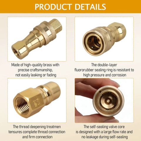 Four images of a Brass Quick Disconnect Coupler Valve For Carpet Extractors And Wands, One Quarter Inch NPT Quick Connector, showcasing features.