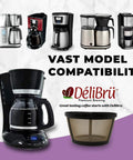 Various coffeemakers with Delibru gold toned reusable coffee filter basket for 8 to 12 cup brewers permanent cone style
