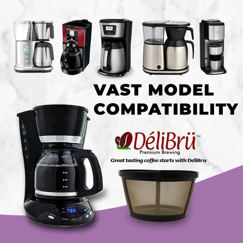 Various coffeemakers with Delibru gold toned reusable coffee filter basket for 8 to 12 cup brewers permanent cone style