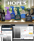 HOPE'S line of cleaning products on a wooden counter with online store interfaces displayed.