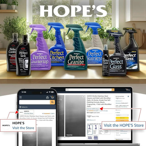 HOPE'S line of cleaning products on a wooden counter with online store interfaces displayed.
