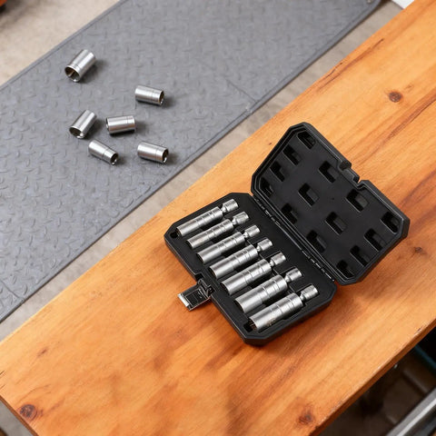 Spark Plug Socket Set 7 Piece 3/8 Inch Drive Magnetic Thin Wall Deep Sockets For Removal And Installation Includes 14mm 16mm 18mm 21mm 9/16 13/16 3/4 Steel Tool Kit With Storage Case on wooden table