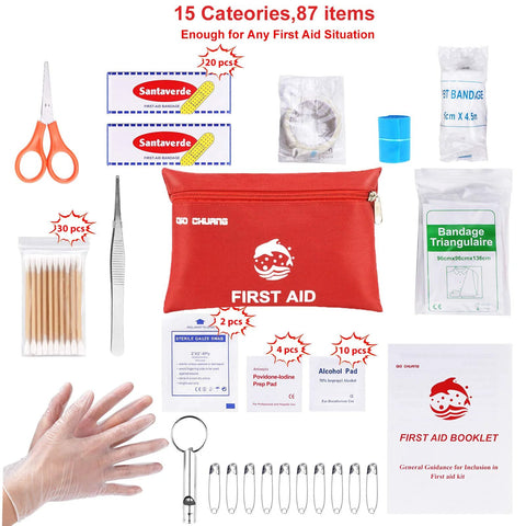 Small travel first aid kit with red zip pouch; 87-piece set including scissors, tweezers, bandages, gauze, alcohol pads.